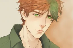 Young man with messy auburn hair and green eyes