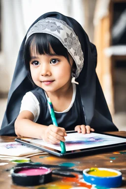 a little girl sitting on the floor holding a tablet, wearing a head scarf, white bangs, document photo, photo still of, paint, wet drapery, unmasked, diary on her hand, 5 years old, focus close on mischievous eyes, hand - drawn animation, with long black hair, portrait of dangerous