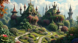 Summary The image depicts a fantastical, lush landscape filled with ornate structures, vibrant foliage, and gentle animals, creating a serene and enchanting atmosphere. Detailed Description Objects: The scene features grand, intricately designed structures resembling castles or temples, adorned with towers and spires. The buildings are overgrown with a tapestry of colorful leaves and flowers that blend seamlessly into the landscape. There are well-tended paths and gardens, showcasing various fl