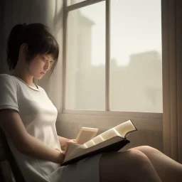 Study girl read a book in by the window, movie, real photo realistic, unreal engine, cinematic lighting --ar 1:1 creative