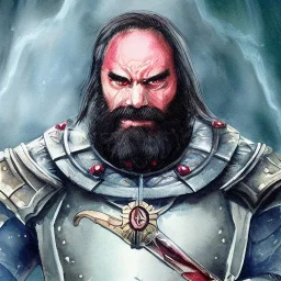 dungeons and dragons, fantasy, dwarf, dark priest, full plate armour, ironclad, dark silvery metal, dark red glow, watercolour, large strokes, distinct face, portrait, head