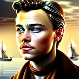  fantasy art, photorealism, realistic portrait of a young leonardo di caprio looking dorky, movie poster, titanic in the background, book cover illustration