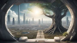 the last tree on earth, view from a far, portal to a space near the tree on the left, on the right city of the future year 4222, very realistic,