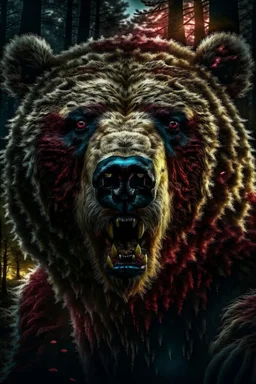 upclose realistic and mysterious photography,12k ultra-high-definition rendering of a scary bear, he is partially a robot, white furr, red scratch marks on him, showing thangs,exudes a sinister aura under the Forrest's dark and mysterious lighting