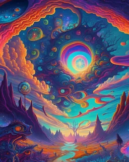 A kaleidoscopic, otherworldly realm where vibrant colors and swirling patterns create a hypnotic, mesmerizing scene. Strange, fantastical creatures roam the landscape, and the sky is alive with cosmic phenomena, inviting the viewer to lose themselves in the vivid, hallucinatory world.