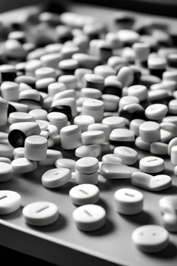 colorful medicine pills under a hospital bed in black and white.