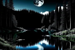 black, blue and white colors, fullmoon, pond, mountain, forest