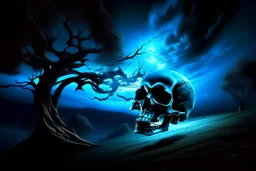 Digital art, high quality, digital masterpiece, natural illumination, night illumination, realistic, action film style, comicbook style, (1 Flying skull laughing, in blue flames:1.8), Shadows floating around, on a hill with dark trees