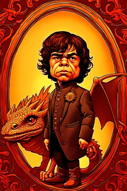 A portrait of an odd but strangely beautiful yet odd little humanoid creature named Herve Villechaize in the role of "Tyrion Lannister" from "Game of Thrones" with a dragon in the background Modifiers: very cute Norman Rockwell style of Bobby Chiu style of Chris Ryniak