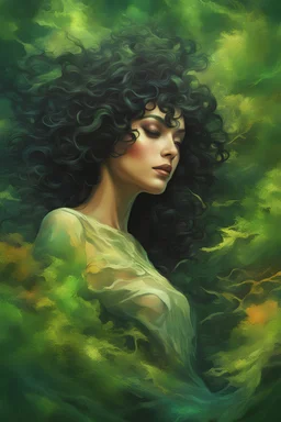 abstract creation of a beautiful girl with black curly hair, surrounded by green forest, wrapped in tree routes, wind blowing, summer and bright colours, chaos, realistic, 8k