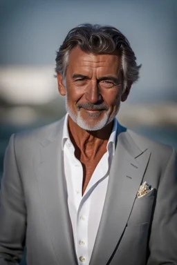 Portrait of a handsome older italian gentleman wearing crisp white linen suit, and an open necked shirt. His dark hair is peppered with grey, his neatly trimmed beard is dark and peppered with grey