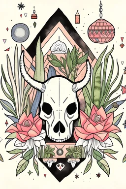 Gemstones, bull skull and house plants graphic