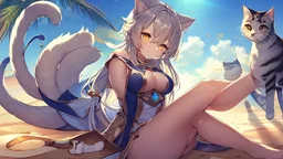 Highly detailed medium shot of a cat, sand, hot, cute, tail, sun, large