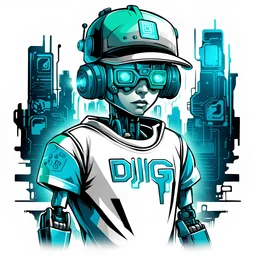 Vector t shirt art ready to print blue green light color graffiti illustration of a robot cyberpunk boy and a basecap with text "digi" On cap, white background.