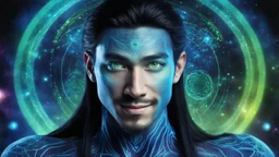 beautiful gorgeous young man na'vi with long hair, Avatar, blue skin, two small ears, green eyes, black hair, in cosmic suit, galactic ambiance, medium pointy goatee , smiling, nebulas and sacred geometry light figures on the backgroud,