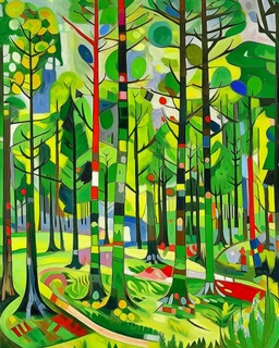 A green forest with giant trees painted by Wassily Kandinsky