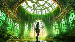 floating alien jellyfish, rampant foliage, and vines, inside a huge vaulted alien building, with circular windows, woman with black hair in a ponytail, in camouflage trousers and jacket, photorealistic, Intricate Detail, sunny day