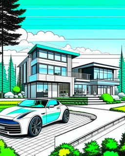 Architectural drawing of a luxurious modern country house, trees, people and cars, complementary colors