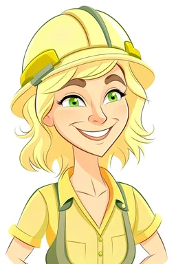 cartoon of a happy woman builder with blonde hair