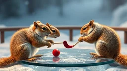 ice bear squirrels playing hockey on glass table on ceres