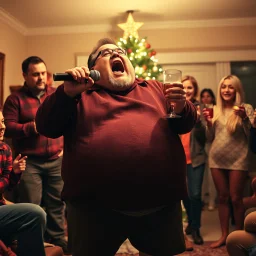 Holidays diasters, drunk Uncle Phil singing into drumstick while very drunk, fat belly hanging out over pants, photoreal, family holiday party, christmas tree in background