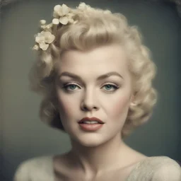 1960s autochrome head shot of marilyn monroe, hair pulled up and adorned with teeny-tiny flowers,