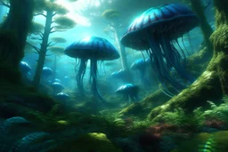 Alien jellyfish forest, photorealistic, Detailed Matte Painting, Deep Colour, Fantastical, Intricate Detail, sunshine, blue sky