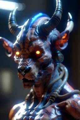 Tiger alien with horns humanoid hybrid,8k, high detail, smooth render, unreal engine 5, cinema 4d, HDR, dust effect, vivid colors