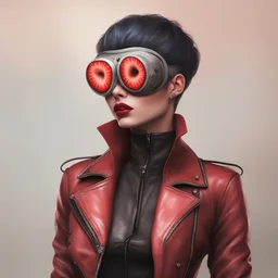 an absolutely stacked anthropomorphic strawberry with pixie-cut hair, a perfect hourglass figure, perfect face, wearing a studded, black leather biker's jacket and pants with 12-inch platform boots and goggles,