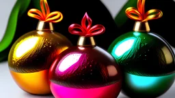 close-up of 3 Christmas baubles tied with bows of different colors