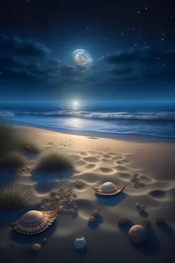 magic sea, beach with sand, shells, realistic, professional photo, 4k, top view, cosmic sky, stars, full moon, milki way