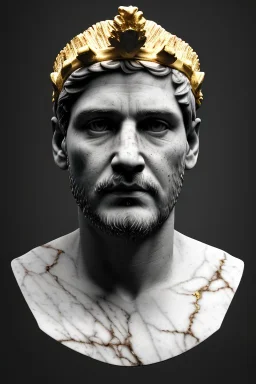 Ultra Realistic image, Roman sculpture, white marble material, young Diego Armando Maradona, gold crown of natural thorns, god crown, gold veins, gold ornaments, Renaissance style, sun rays background, waist up portrait, epic, celestial, cinematic lighting, God lights, 4k resolution, smooth details, soft lighting, unreal engine 5, art station, substance 3d.