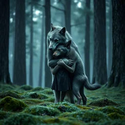 one gray bodyhair anthro wolf-woman hibrid hugs her two anhtro wolf-kid child on field, in background tall trees wirh big trunks, rain, down on blue-green moss, hug each other , rainy day, high contrast, high detalied, atmospheric, dark fantasy, sci-fi mood