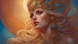 The stunning beautiful goddess of love. concept art, mid shot, intricately detailed, color depth, dramatic, 2/3 face angle, side light, colorful background. Painted by Julie Bell