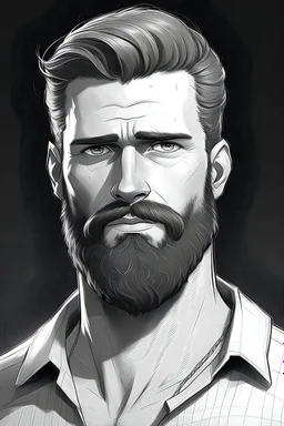 a realistic image of a man who is very masculine, confident, and strong. He has a sharp jawline and masculine body. He has a beard and he symbolizes masculinity. His expression should be determination and intelligence. The background should be blurry. The character also needs to be realistic. he should look excited and happy and there should be no color shading. the man needs to wear a shirt which is written G