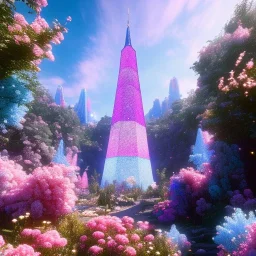 Blue cristal tower in a flowery countryside, glitter pink in a galactic ambiance, delicate colors in the foreground, full of details, smooth, light effect，vaporwave colorful, smooth, extremely sharp detail, finely tuned detail, ultra high definition, 8 k, unreal engine 5, ultra sharp focus