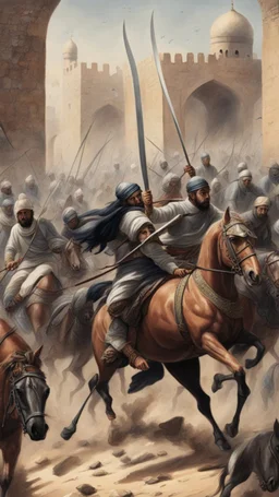 A picture of one of the Muslim invasions with swords and horses