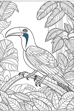 a toucan in a vibrant rainforest, clean line art, monochrome, for kids coloring book