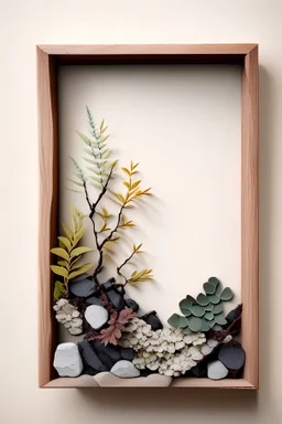 decorative wooden wall frame made of foliage, branches, small volcanic rocks ikebana style with a background in soft colors