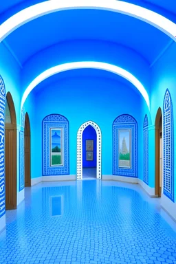 Museum of blue wall paintings, the shape of oval walls and a white floor, and there are walls in the middle in the shape of an oval, and there are oases on it on both sides