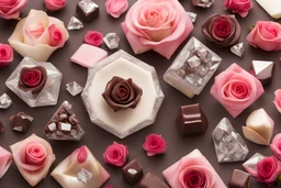 top view of roses, diamonds and chocolate bonbons in sunshine