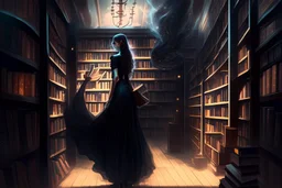 full-height shot of a woman in a tight black dress, inside a large magic book shop, shelving, lights, books, bottles, windows