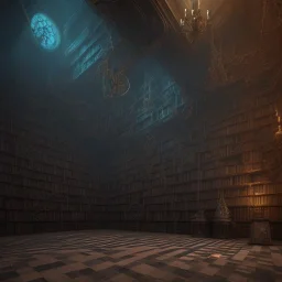 inside of a mystery dark gothic museum, dystopic, millions of books, labyrintic architecture, dark color scheme, high key lighting, volumetric light high details with white stripes and feathers unreal 5, octane render, cinema4d, dynamic lighting, dramatic lighting, 4k, redshift render, highly detailed, hyper realistic, sunset, gigantic architecture very high sealing, archs