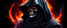 ultra high image quality, hell infused Grim Reaper Close-up of an set against AMOLED-worthy pure black backdrop, fantasy art style infused with filter, tailored for vertical wallpaper, exclusive design with no duplicates, radiating beauty suitable for a PC screen image, vivid colors, ultra fine, digital painting.