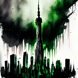 medium stroke Watercolor and pen illustration, Epic, dramatic long shot of dystopian New York skyline, Eldritch, faint apparitional image of waving black and green striped American Flag in the sky, sinister eldritch patriotism, dynamic composition, complex contrast, CGSociety,