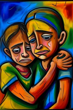 a girl hug her brother and both crying sadly, expressionism, Pixar style, in abstract art Basquiat, Picasso, Miro, Kandinsky, Klee, Birell, Fairey, Ardon, Buffet and Picasso style, HD --s 750 --v 5.1 --style raw, water color