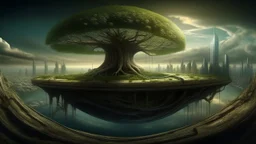 the last tree on earth, portal to other dimension near the tree on the left, city of the future year 4222, very realistic,