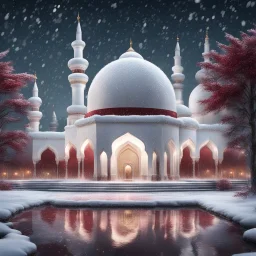 Hyper realistic Outside White Mosque with grass patches & maroon Minarets & frozen water fountain at snowfall night