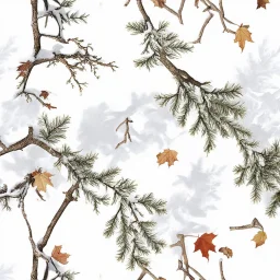 detailed Real Tree Camouflage made of bare branches, fir branches, dried maple leaves, snow and dirt, light drop shadows, white background, seamless repeatable texture camo pattern, muted color