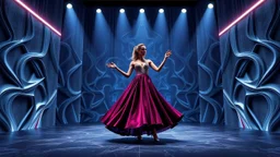 modern stage with gray-blue theme artistic decoration , color full dynamic lighting, a beautiful lady in modern maxy dark purple red dress with shining silver jwells dancing, 3D recursive fractal structure animating background